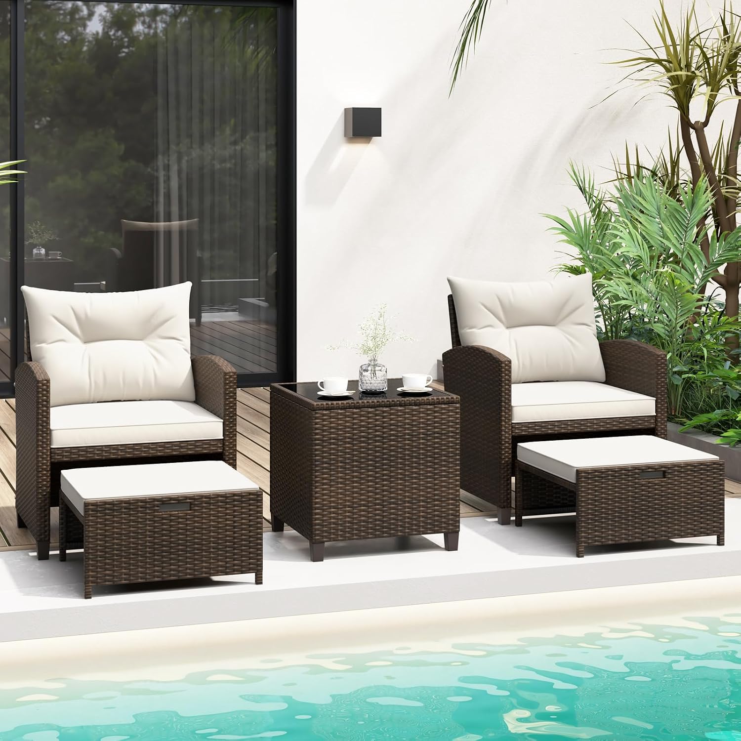 KOTEK 5 Pieces Patio Furniture Set with Ottomans, Wicker Patio Conversation Set with Coffee Table & Cushions, PE Rattan Outdoor Lounge Chairs for Backyard, Porch, Poolside (Mix Brown- Off White)