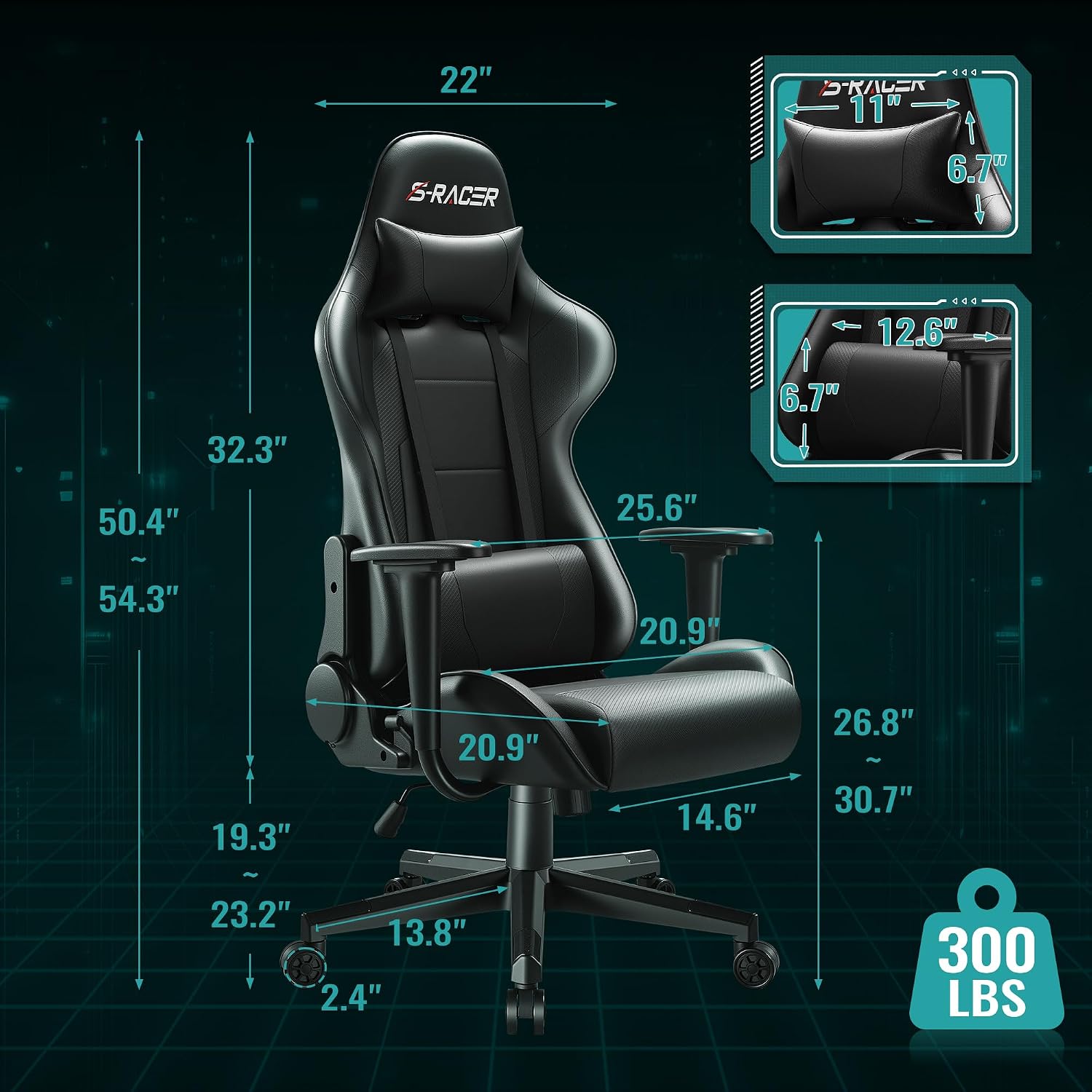 Furniwell Gaming Chair Racing Computer Chair Office Desk Chair Adjustable Swivel High Back Carbon Fiber Style Leather Executive Ergonomic Chair with Headrest and Lumbar Support (Black)