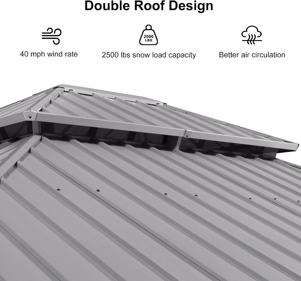 PURPLE LEAF 13' X 15' Hardtop Aluminum Gazebo with Netting and Curtains Heavy Duty Permanent Gazebo with Double Metal Roof for Patio Deck Lawn Garden All Weather Outdoor Pavilion Gazebos, Light Grey