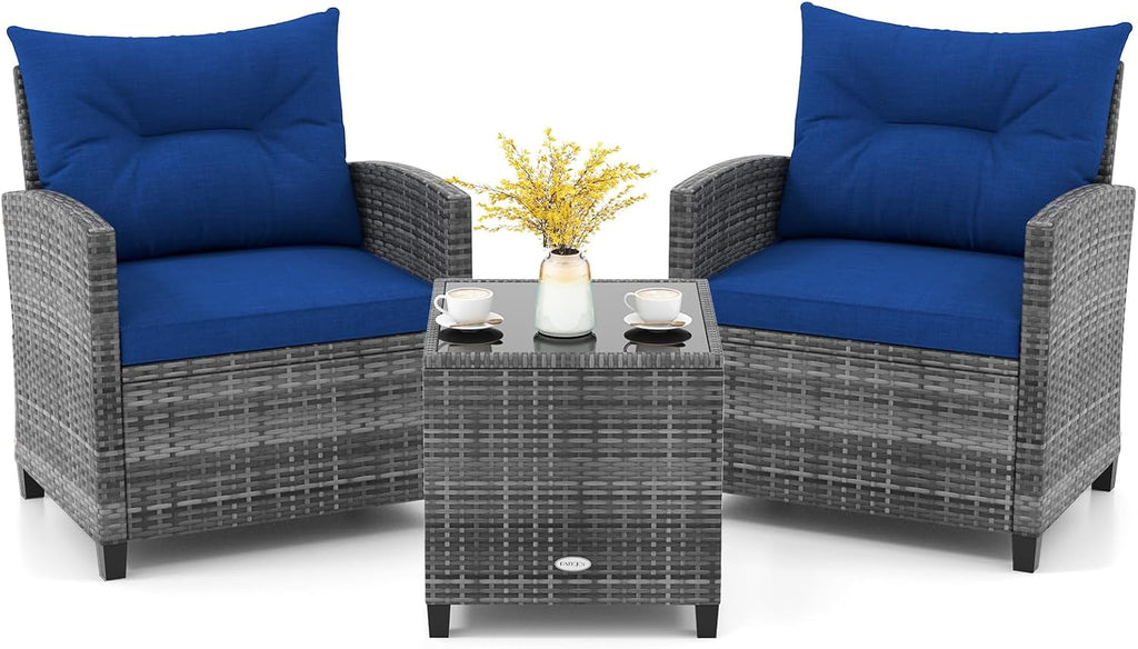 KOTEK 3 Piece Patio Furniture Set, Outdoor PE Rattan Conversation Set with Washable Cushions & Tempered Glass Tabletop, Wicker Chairs and Table Set for Porch, Garden, Balcony (Navy)