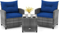 KOTEK 3 Piece Patio Furniture Set, Outdoor PE Rattan Conversation Set with Washable Cushions & Tempered Glass Tabletop, Wicker Chairs and Table Set for Porch, Garden, Balcony (Navy)