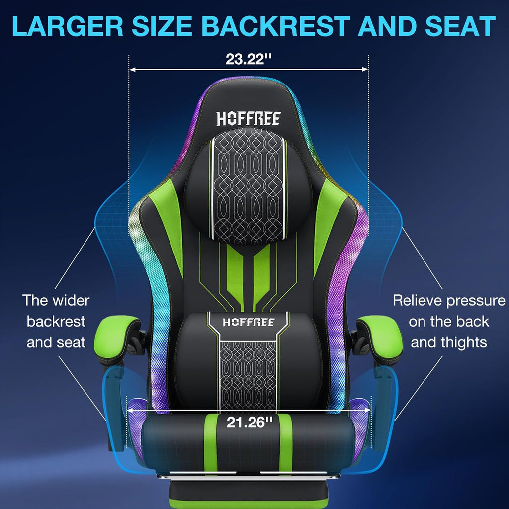 HOFFREE LED Gaming Chair with Bluetooth Speakers Massage Gaming Chair with RGB Lights Big and Tall Gamer Chair for 400lbs Heavy People High Back Computer Desk Chair with Footrest Green and Black