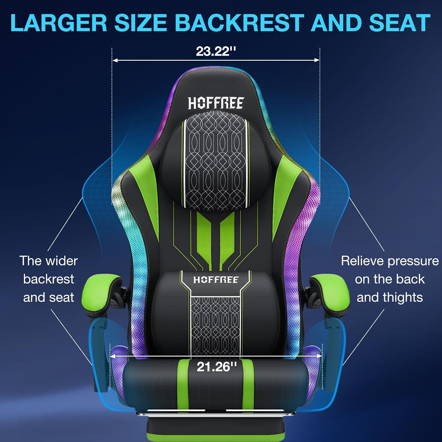 HOFFREE LED Gaming Chair with Bluetooth Speakers Massage Gaming Chair with RGB Lights Big and Tall Gamer Chair for 400lbs Heavy People High Back Computer Desk Chair with Footrest Green and Black