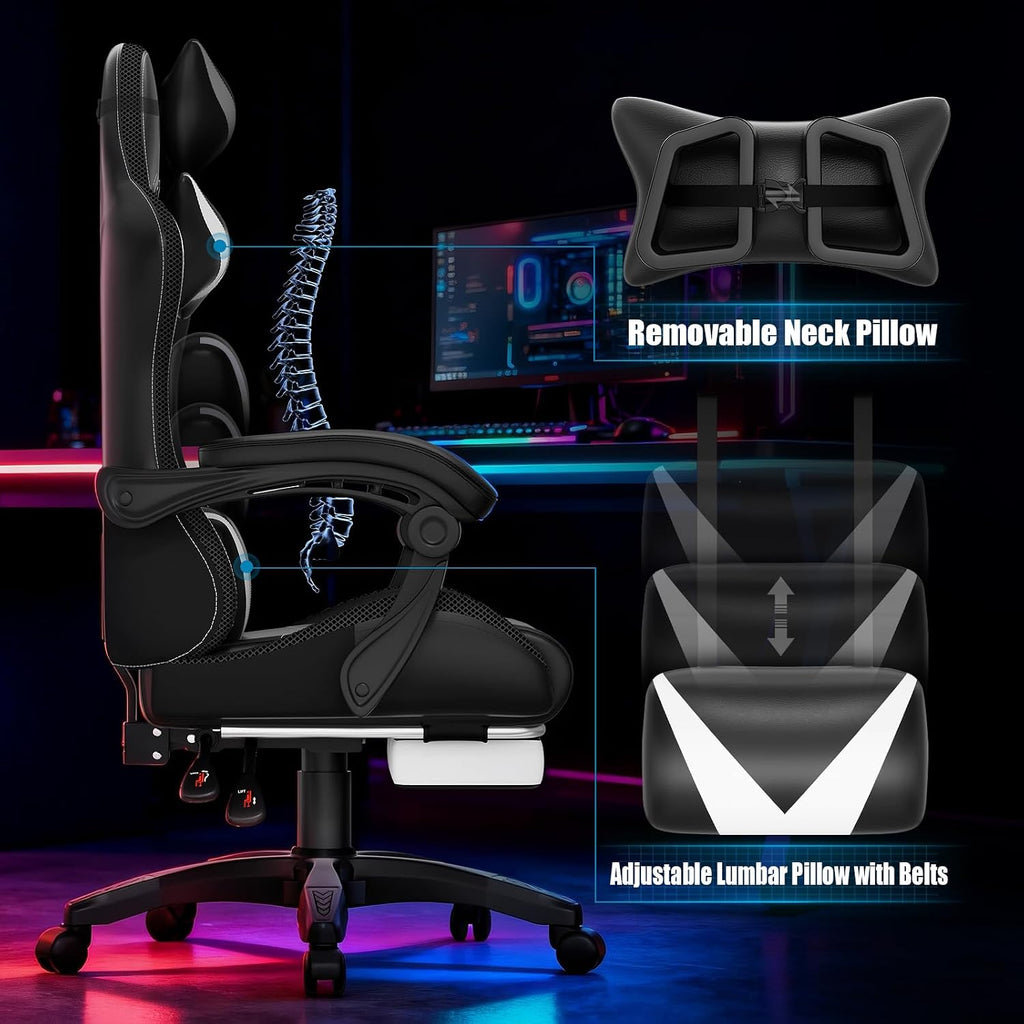 Czlolo Gaming Chair, RGB LED Lights Computer Chair with Footrest, Lumbar Support Massager Gamer Chair, High Back, 90-135° Reclining, Linkage Armrests, White