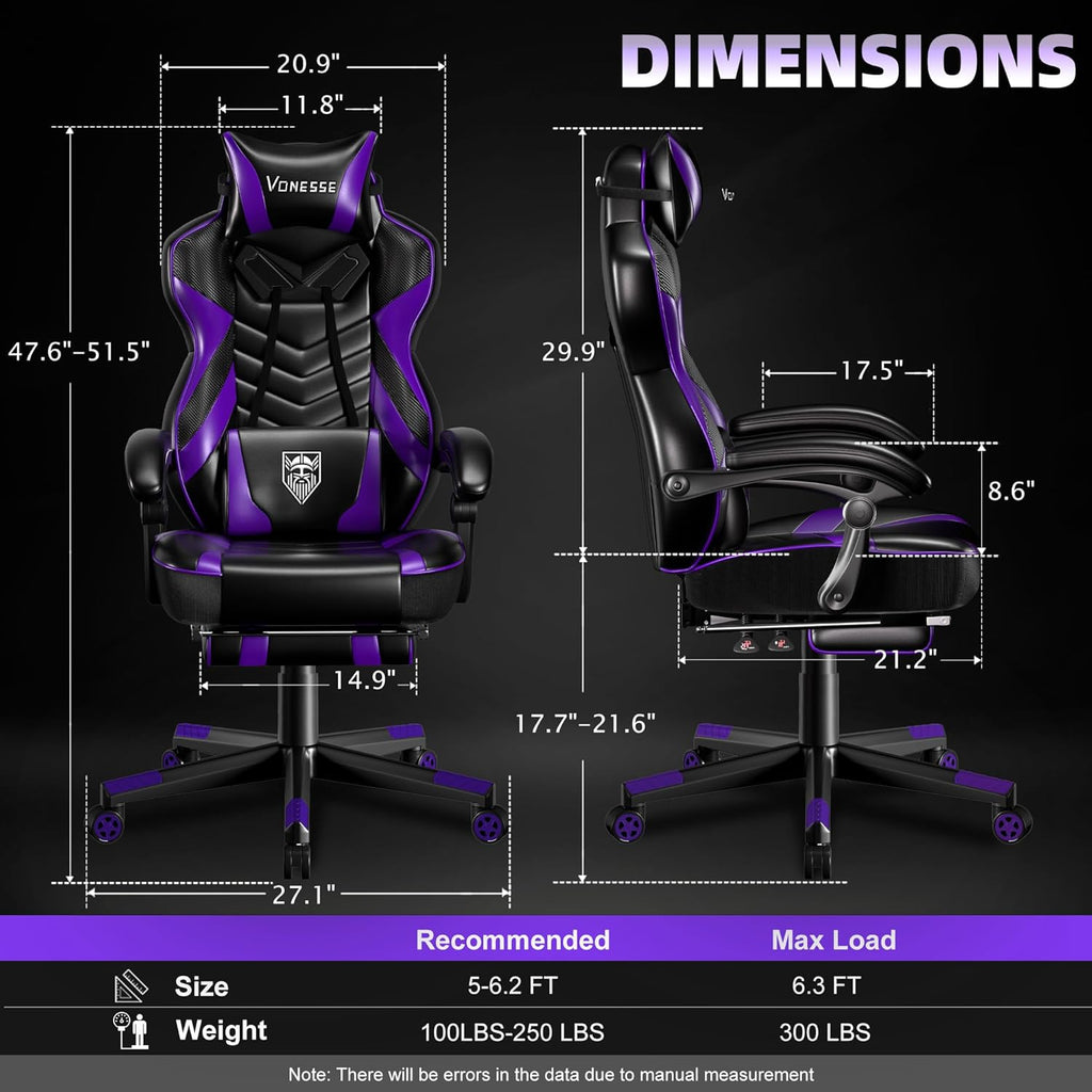 Vonesse Gaming Chair, Big and Tall Gaming Chair with Footrest and Massage, Gaming Chairs for Adults with Lumbar Support, Ergonomic High Back Computer Chair with Pocket Spring Cushion (Purple/Black)
