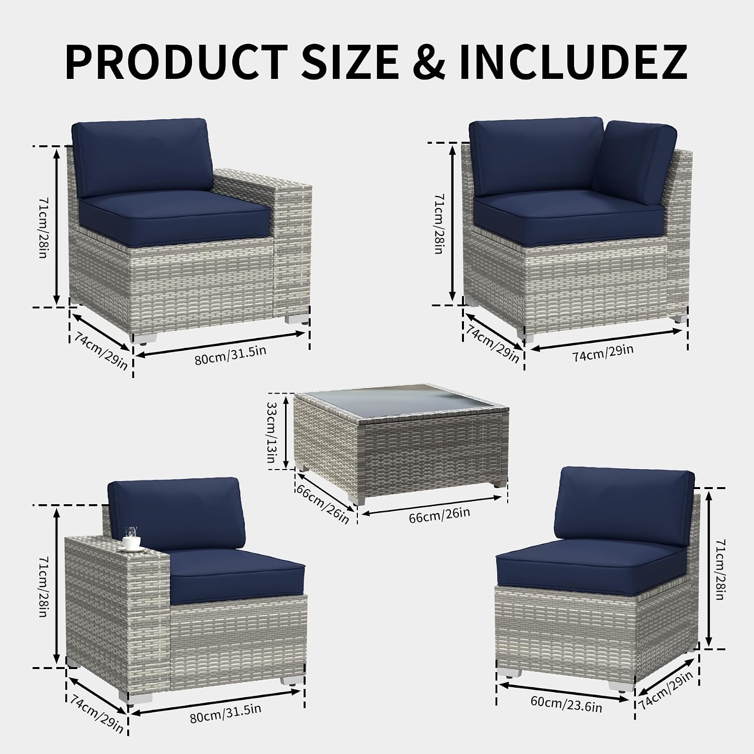 SHGJ&SOFT 6pcs Outdoor Patio Furniture Set, Waterproof Wicker Outdoor Sectional Couch with Thick Cushions, All-Weather Rattan Sectional Sofa