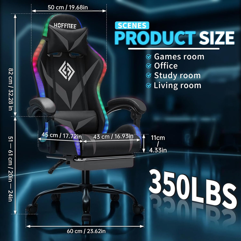 Gaming Chair with Bluetooth Speakers and RGB LED Lights Ergonomic Massage Computer Gaming Chair with Footrest Video Game Chair High Back with Lumbar Support Grey and Black