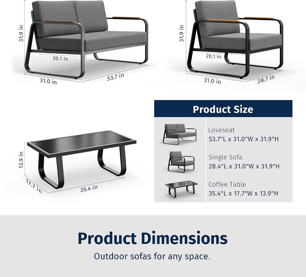 East Oak 4-Piece Patio Furniture Set, Outdoor Patio Set, 4.7inch Removable & Washable Deep Seating Cushion Outside Conversation Sets, Gray