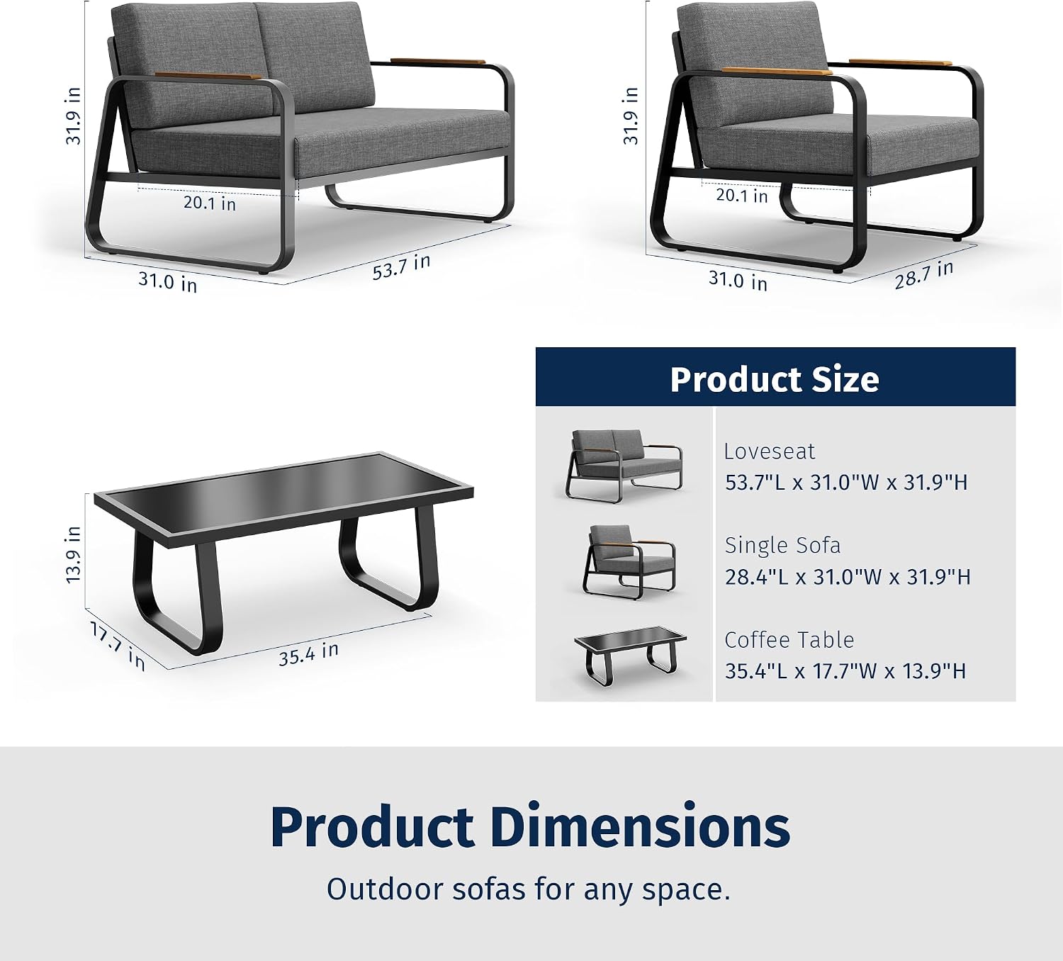 East Oak 4-Piece Patio Furniture Set, Outdoor Patio Set, 4.7inch Removable & Washable Deep Seating Cushion Outside Conversation Sets, Gray