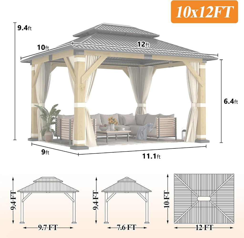 GARTOO 10' x 12' Outdoor Wooden Gazebo - Patio Hardtop Gazebo Permanent Wooden Pavilion with Galvanized Steel Double Roof, Wood Gazebos with Privacy Curtains and Netting for Garden, Lawn, Backyard