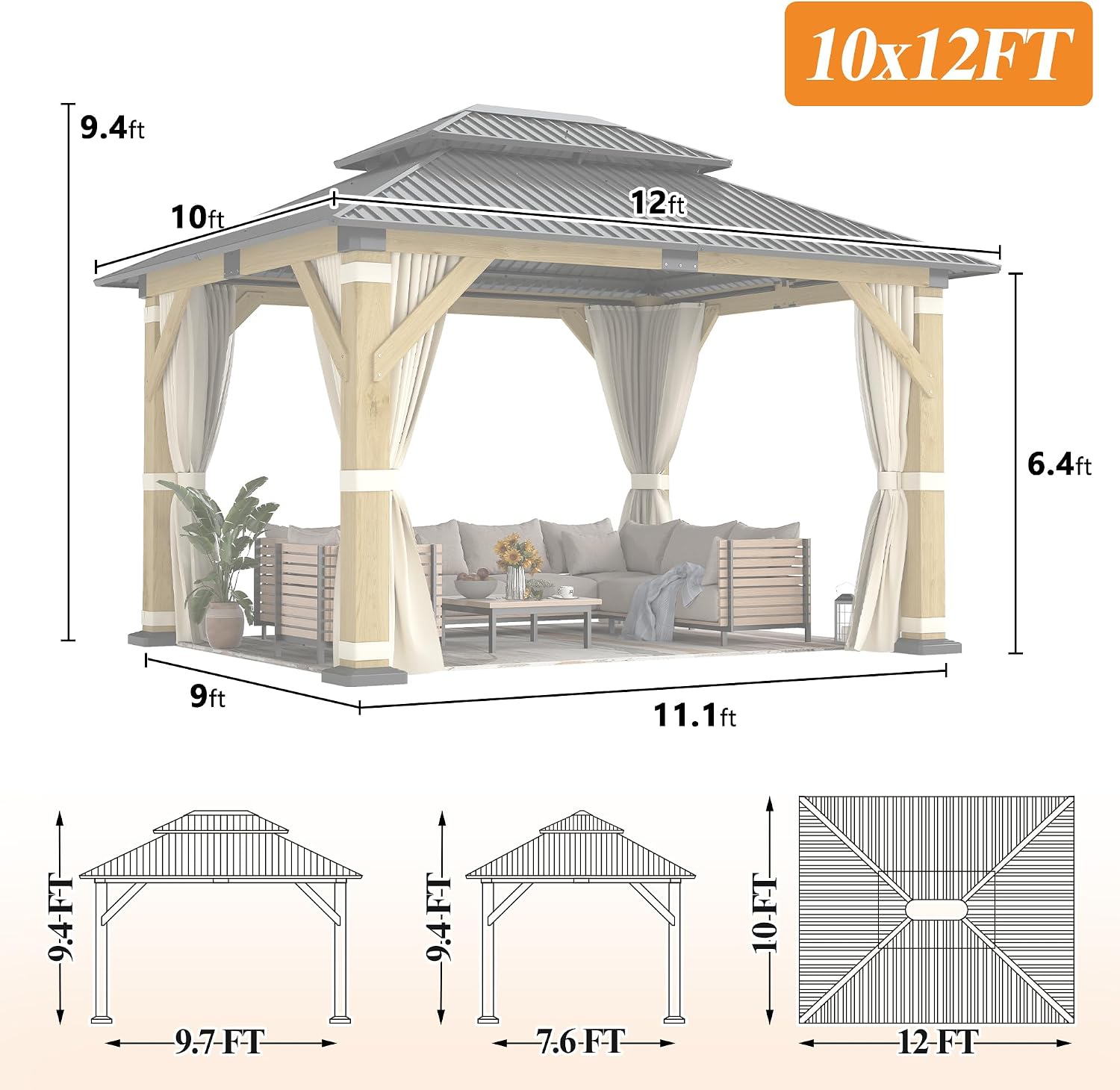GARTOO 10' x 12' Outdoor Wooden Gazebo - Patio Hardtop Gazebo Permanent Wooden Pavilion with Galvanized Steel Double Roof, Wood Gazebos with Privacy Curtains and Netting for Garden, Lawn, Backyard