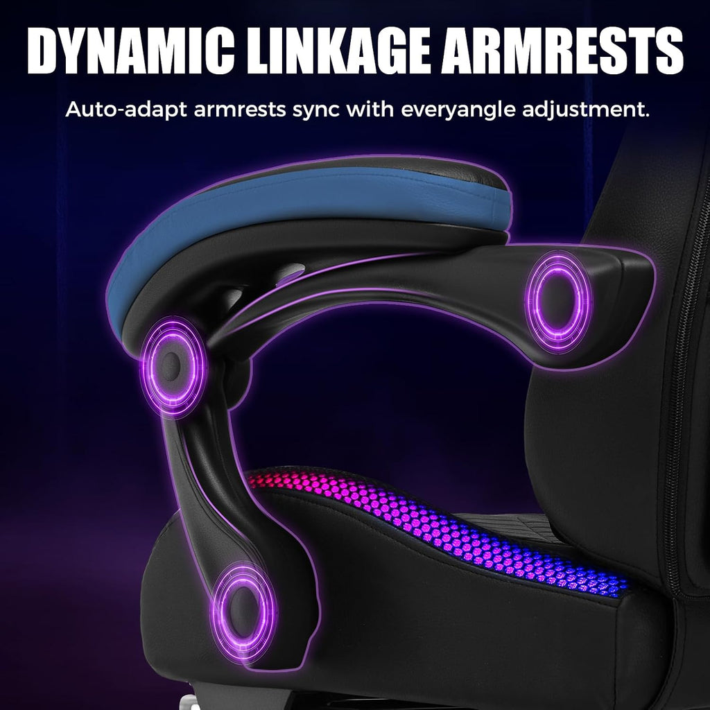 GTPLAYER RGB Gaming Chair with Speakers - LED Computer Game Chair for Adults, PC Home Office Chairs with Footrest & Lights, Reclining Desk Chairs, Blue
