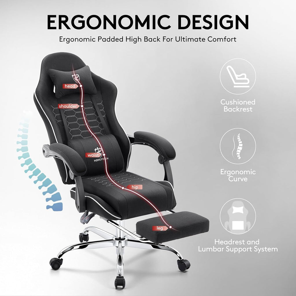 Gaming Chair Breathable Fabric,Computer Office Chair with Footrest,Massage Lumbar Support and Gel Pad,Ergonomic Reclining Adjustable Gamer Chair with Headrest and Spring Cushion Black