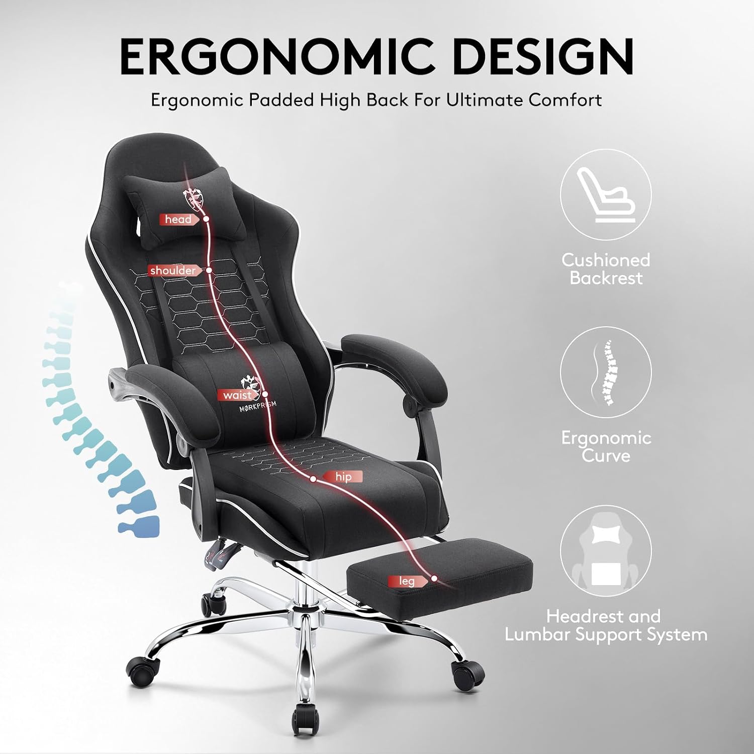 Gaming Chair Breathable Fabric,Computer Office Chair with Footrest,Massage Lumbar Support and Gel Pad,Ergonomic Reclining Adjustable Gamer Chair with Headrest and Spring Cushion Black