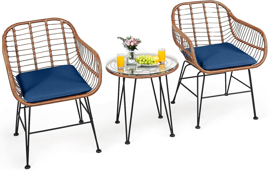 Tangkula 3 Pieces Patio Conversation Bistro Set, Outdoor Wicker Furniture w/Round Tempered Glass Top Table & 2 Rattan Armchairs, Bistro Chat Set w/Seat Cushions for Porch, Backyard, Garden