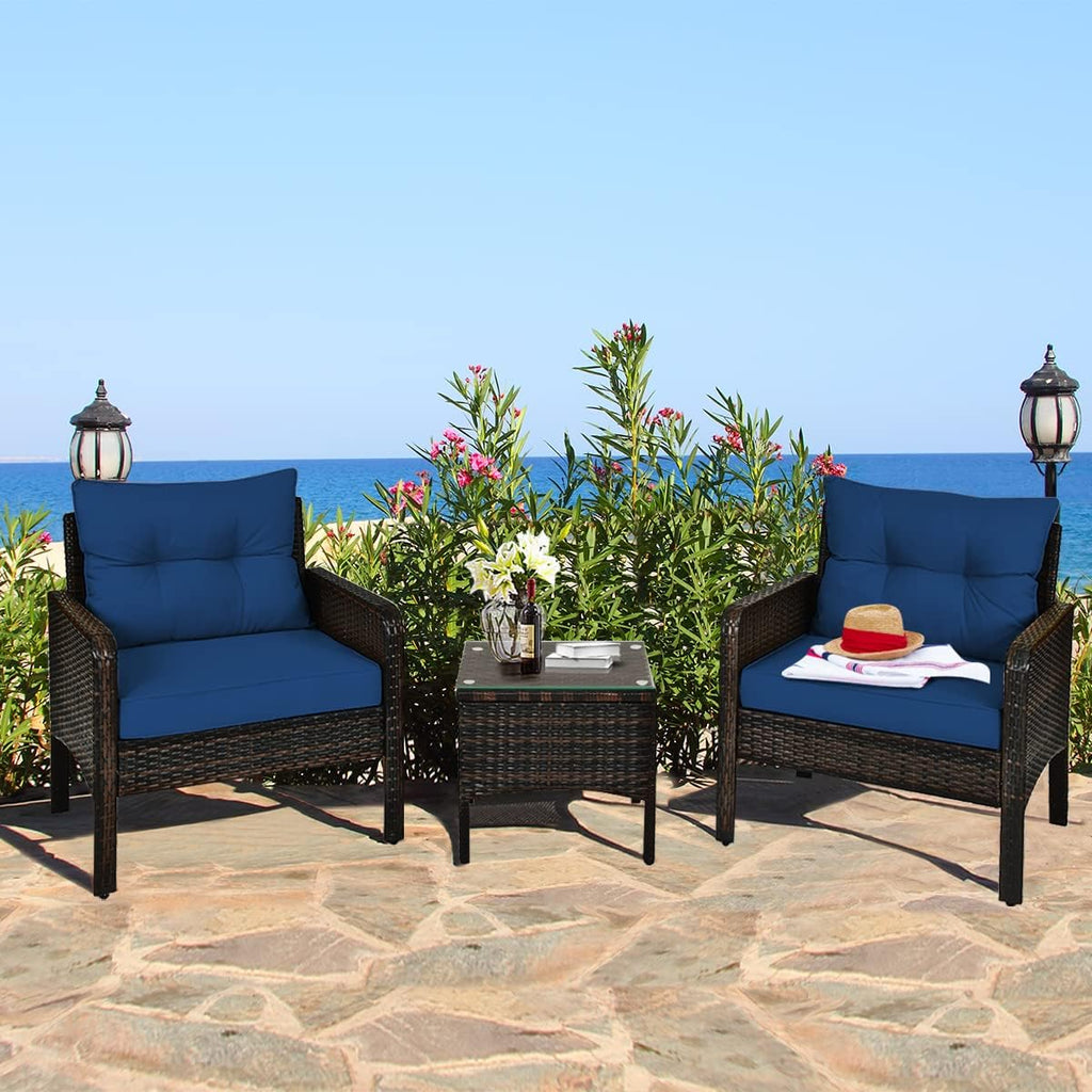 HAPPYGRILL 3 Piece Patio Conversation Set Outdoor Rattan Wicker Furniture Set with Coffee Table & Chairs Patio Bistro with Seat Cushions for Garden Balcony Backyard Poolside