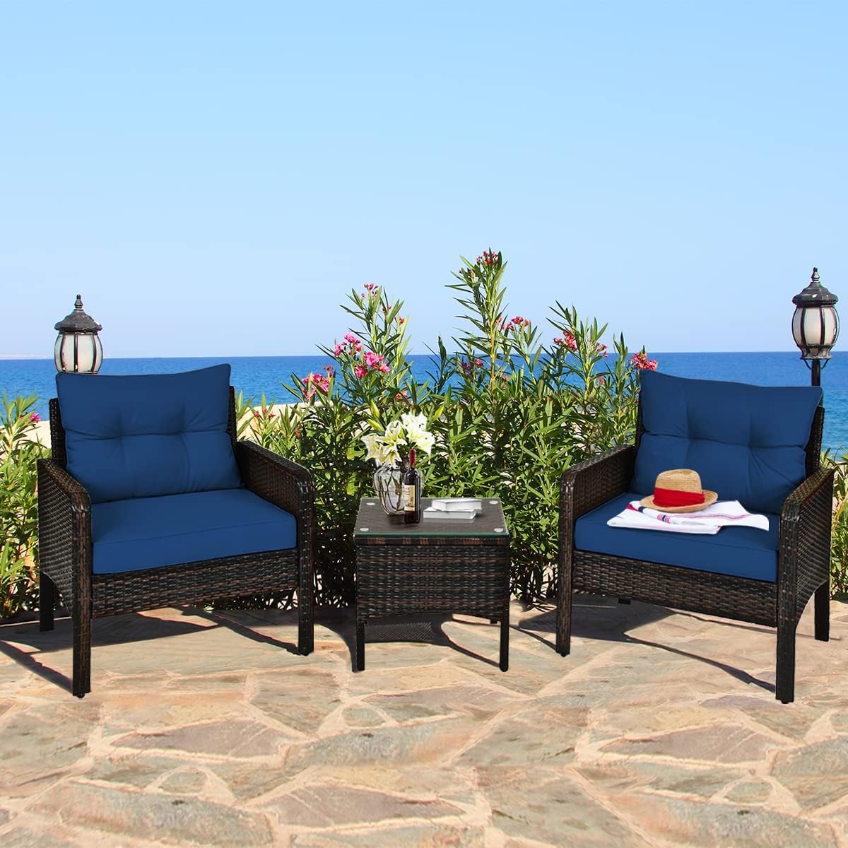 HAPPYGRILL 3 Piece Patio Conversation Set Outdoor Rattan Wicker Furniture Set with Coffee Table & Chairs Patio Bistro with Seat Cushions for Garden Balcony Backyard Poolside