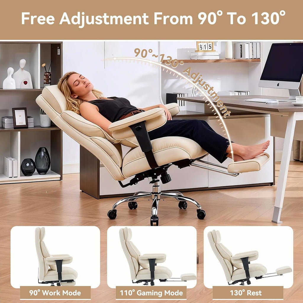 Efomao Big and Tall Office Chair with Footrest - Breathable Mesh Executive Chair, Heavy Duty Computer Desk Chair for Home Office, Ergonomic Lumbar Support & Reclining Mesh Gaming Chair, Beige