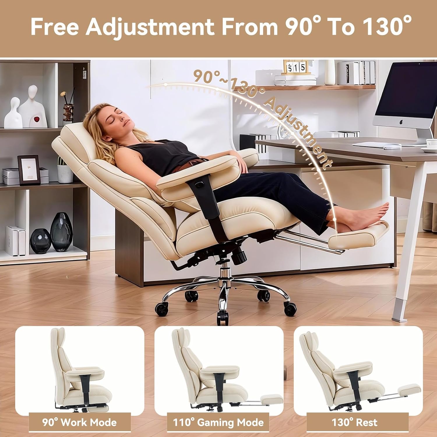Efomao Big and Tall Office Chair with Footrest - Breathable Mesh Executive Chair, Heavy Duty Computer Desk Chair for Home Office, Ergonomic Lumbar Support & Reclining Mesh Gaming Chair, Beige