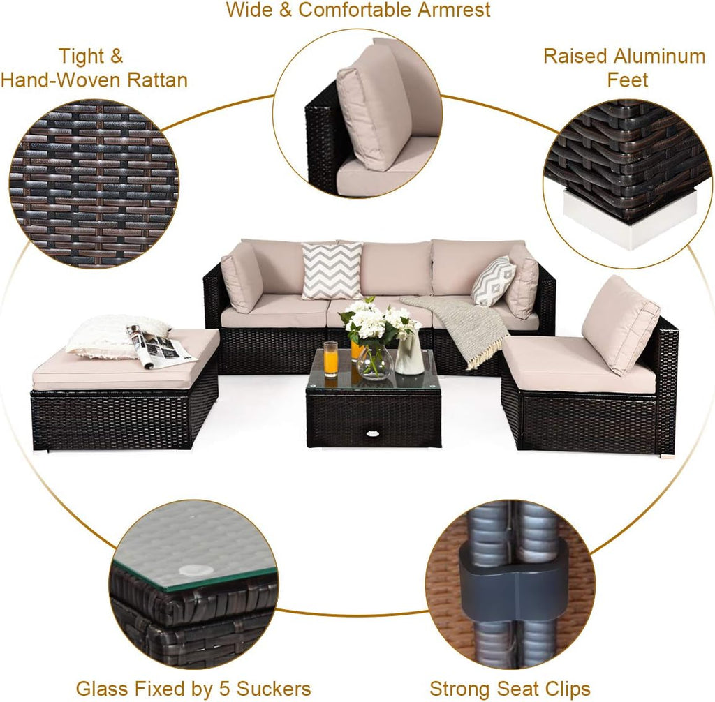 Tangkula 6 Piece Patio Furniture Set, Outdoor Deck Lawn Backyard Durable Steel Frame PE Rattan Wicker Sectional Sofa Set, Conversation Set with Coffee Table (Beige)