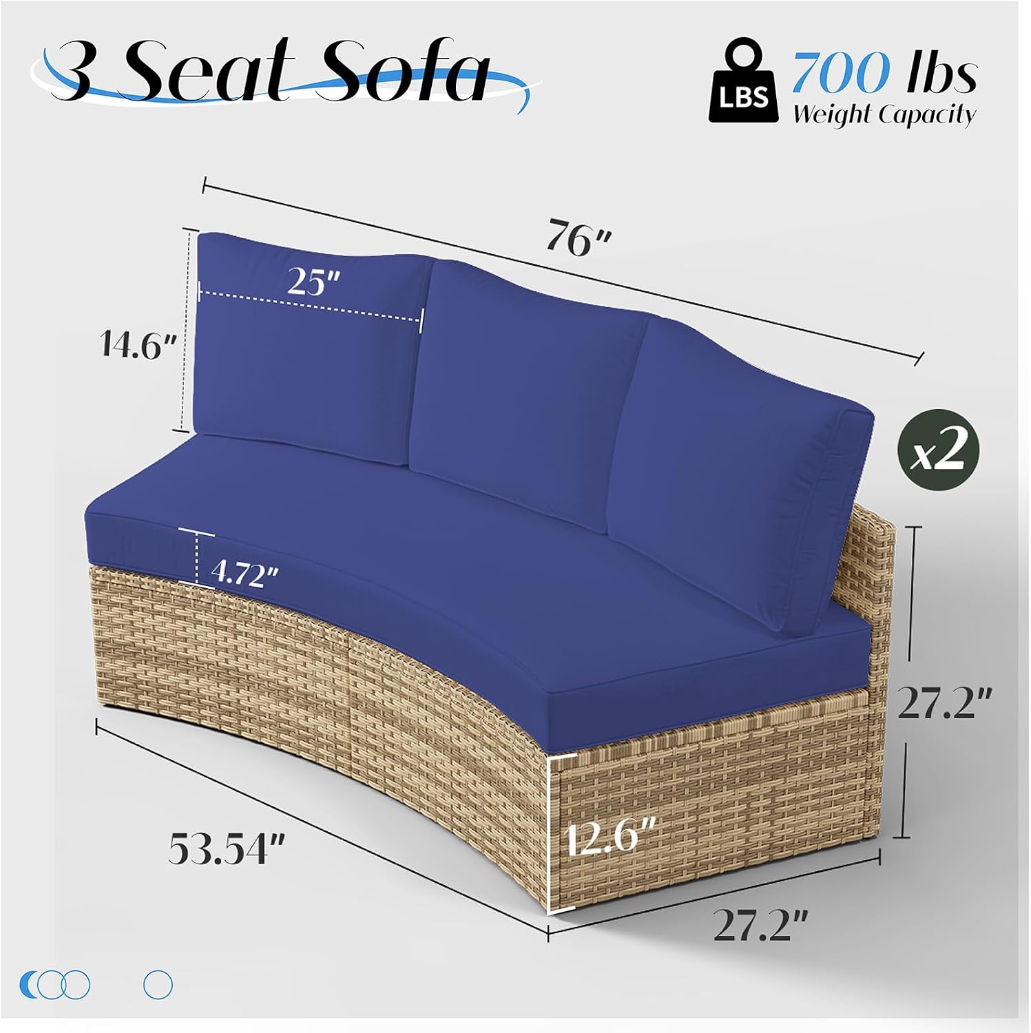 LUXOAK 6-Piece Wicker Patio Furniture Set, Waterproof Half-Moon Sectional Sofa with Cushions, Rattan Outdoor Conversation Set for Garden, Pool, Beach & Balcony, Blue