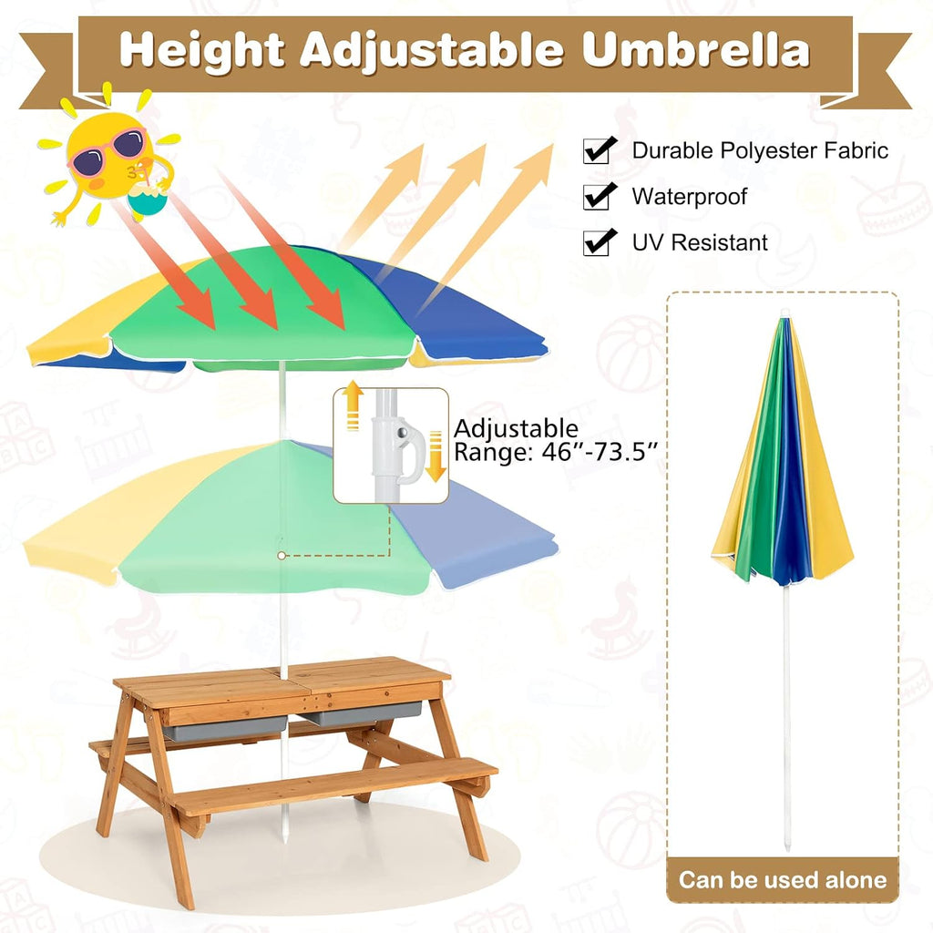 HONEY JOY Kids Picnic Table, 4 in 1 Cedar Wooden Sand & Water Table w/ 2 Removable Box & Umbrella, Kids Picnic Tables for Outdoors Backyard Garden, Toddler Patio Furniture Set for Boys Girls(Colorful)