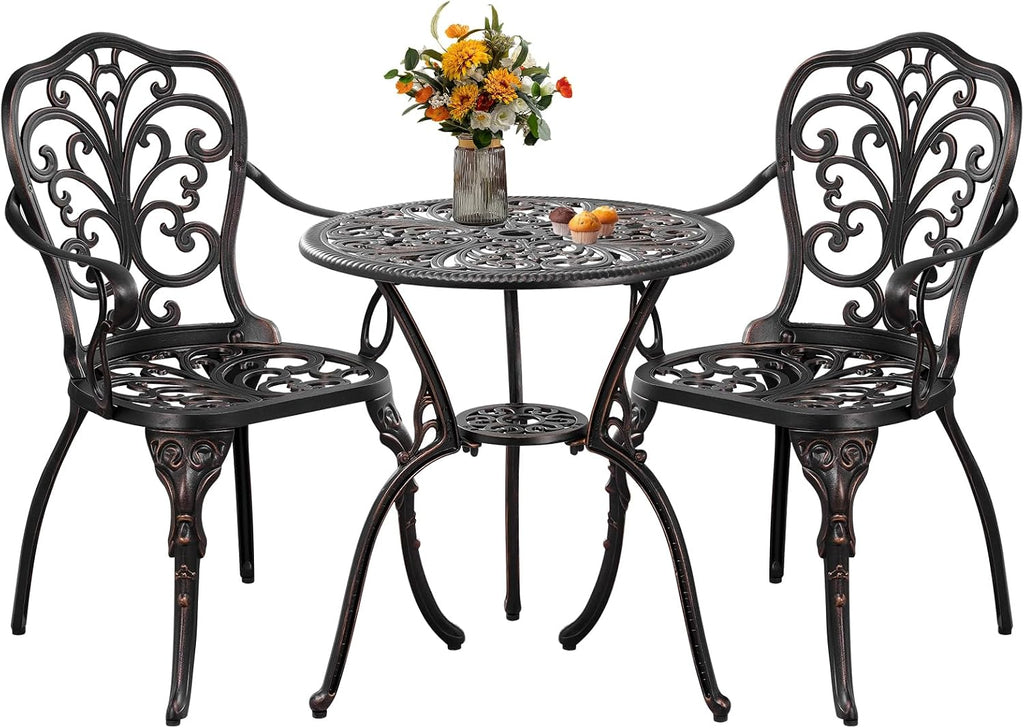 3 Piece Cast Aluminum Bistro Set, Bronze Bistro Table and Chairs Set of 2, 3 Piece Patio Furniture Set with 1.97' Umbrella Hole for Backyard, Balcony, Deck