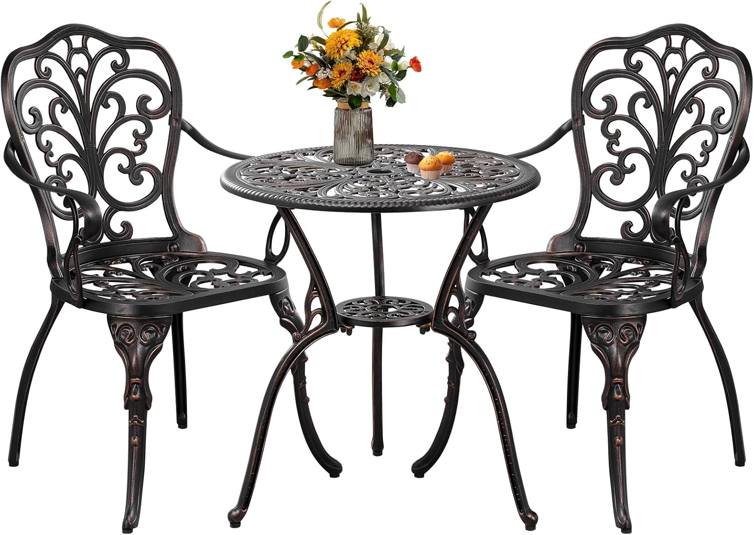 3 Piece Cast Aluminum Bistro Set, Bronze Bistro Table and Chairs Set of 2, 3 Piece Patio Furniture Set with 1.97' Umbrella Hole for Backyard, Balcony, Deck