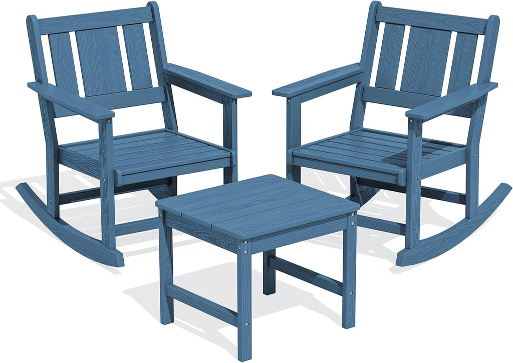 SERWALL Outdoor Rocking Chairs Set of 2 with Side Table, All-Weather HDPE 3 Piece Patio Furniture Set, Outdoor Bistro Set with Umbrella Hole for Porch Deck Lawn Balcony, Navy
