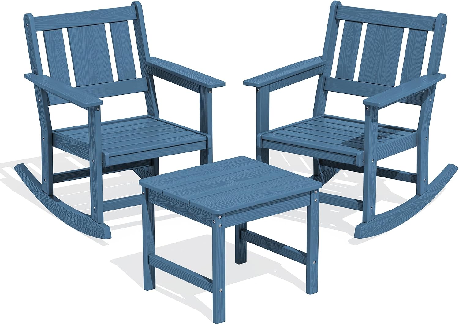 SERWALL Outdoor Rocking Chairs Set of 2 with Side Table, All-Weather HDPE 3 Piece Patio Furniture Set, Outdoor Bistro Set with Umbrella Hole for Porch Deck Lawn Balcony, Navy