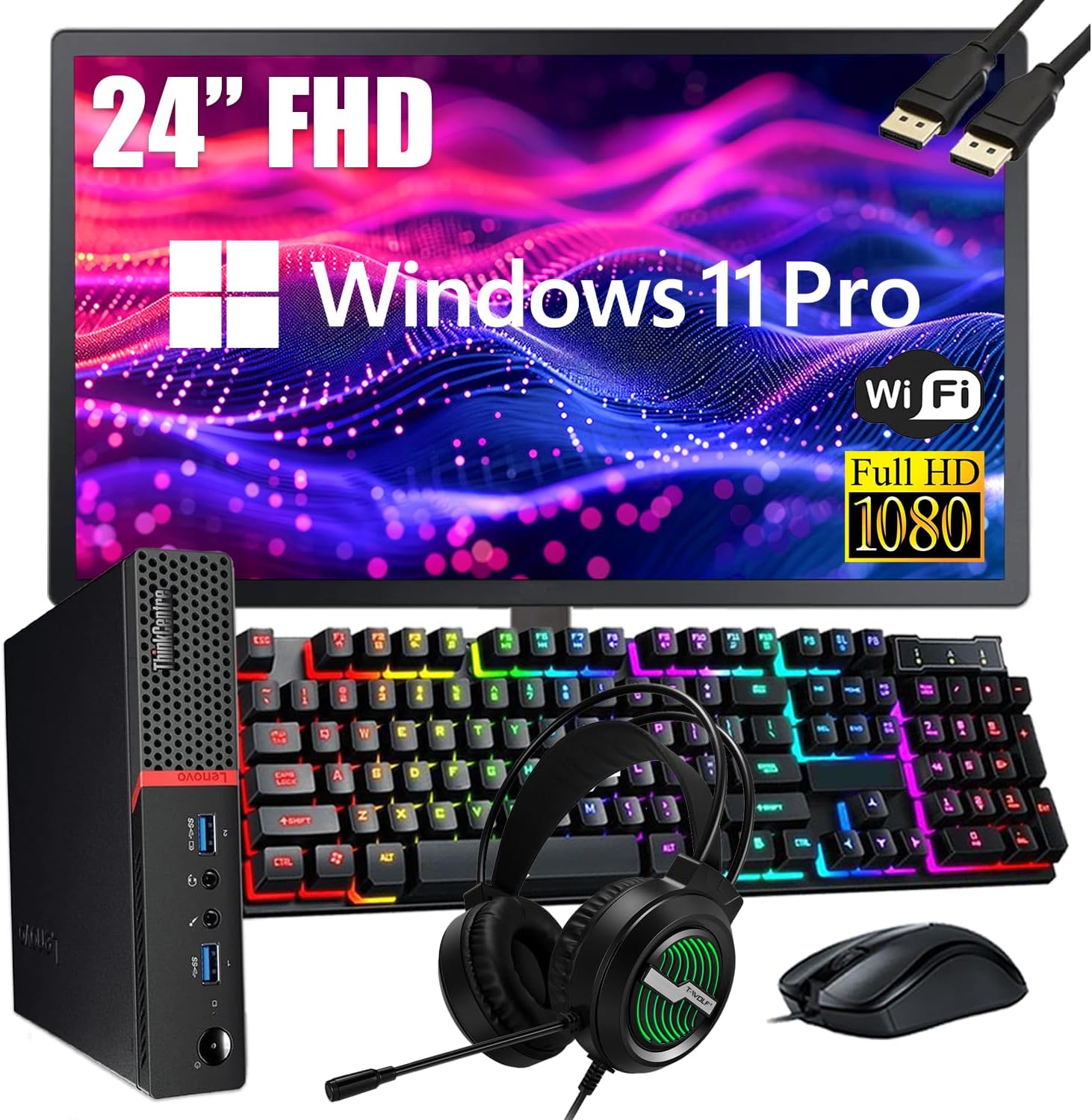 Lenovo ThinkCentre M700 Tiny Desktop PC with 24' FHD Monitor, Intel Quad Core i5-6500, 16GB DDR4 RAM 256GB SSD, 2 DisplayPort, Keyboard & Mouse, WiFi, Windows 11 Pro (Renewed)