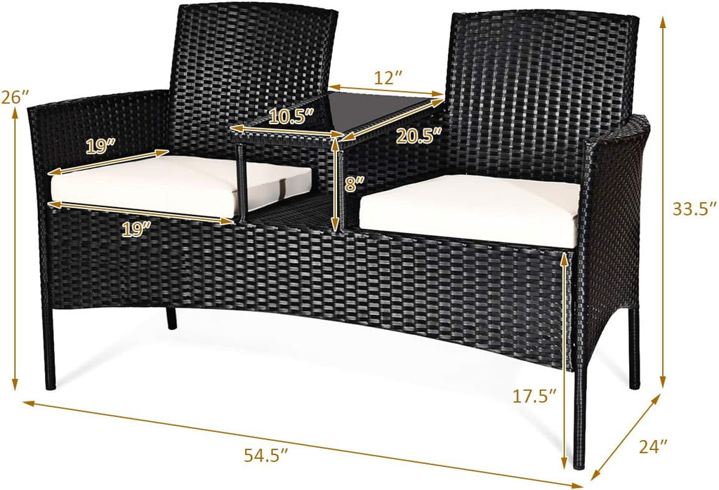 COSTWAY 2-Seat Patio Conversation Sets, Outdoor Patio Loveseat Set with Removable Cushions & Built-in Coffee Table for Backyard, Garden, Lawn, Balcony, Black+Beige
