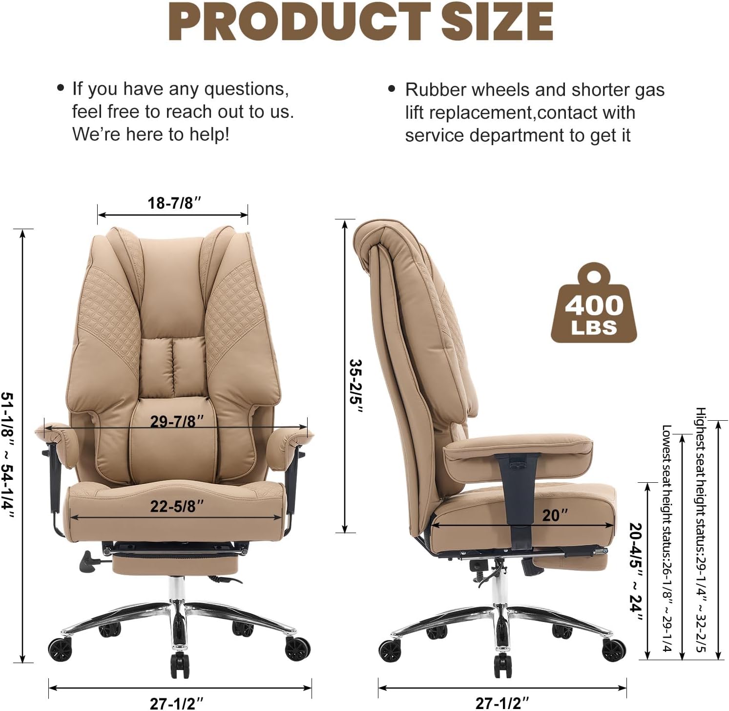EXCEBET Big and Tall Office Chair 400lbs Wide Seat, Leather High Back Executive Office Chair with Foot Rest, Ergonomic Chairs Lumbar Support for Lower Back Pain Relief, All-Day Comfort (Brown)