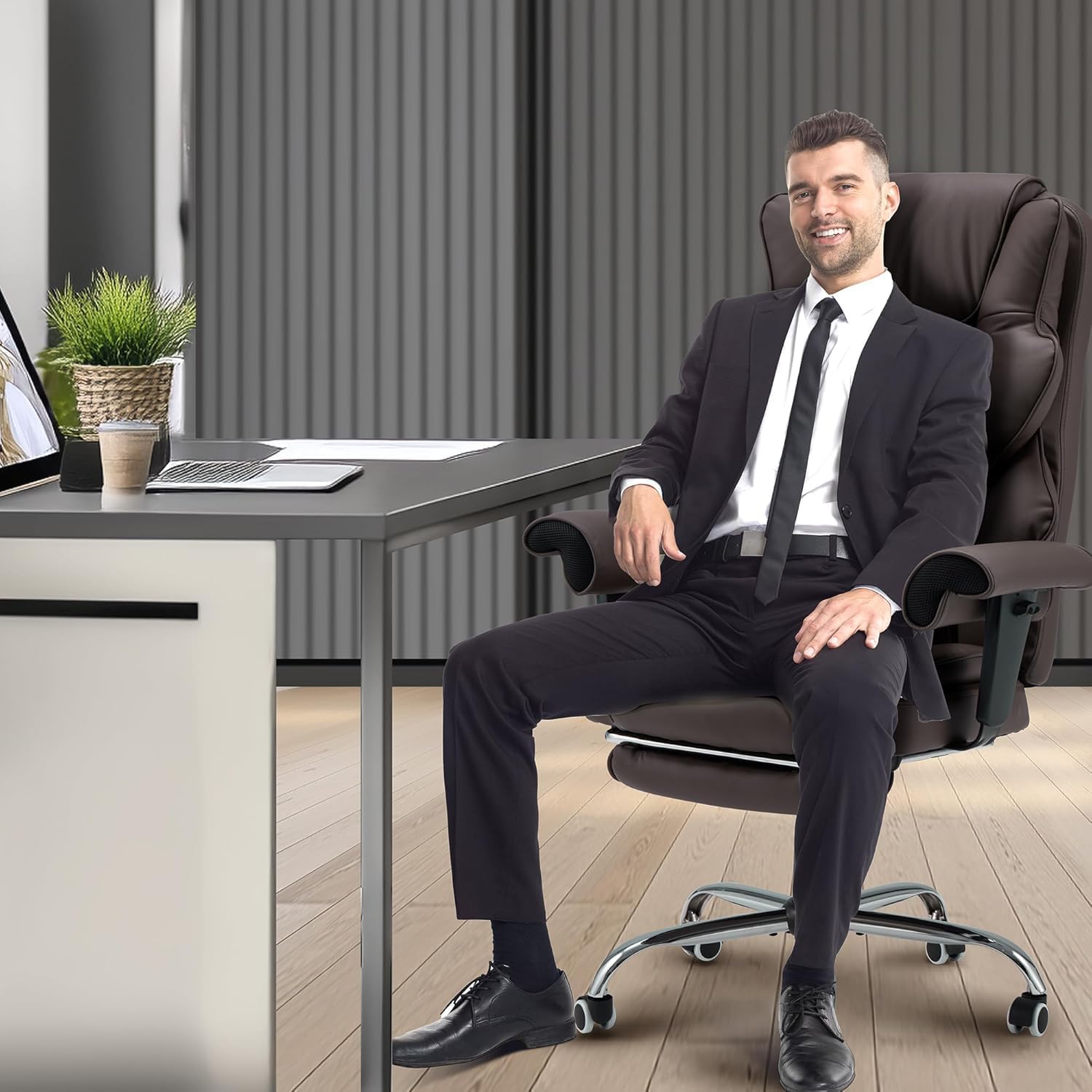 HOMREST 6-Point Massage Executive Chair,Heat Office Chair,Ergonomic Home Office Desk Chairs with Retractable Footrest and Reclining Function,Leather Computer Chair with Adjustable Armrest(‌Brown)