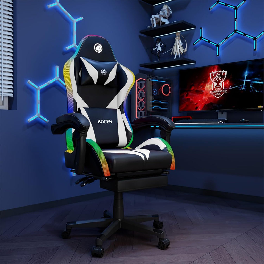 Gaming Chairs for Adults Tall and Kids，Lumbar Support,LED Lights，High Back Reclining Computer Chair with Headrest (Black+White)