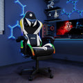Gaming Chairs for Adults Tall and Kids，Lumbar Support,LED Lights，High Back Reclining Computer Chair with Headrest (Black+White)