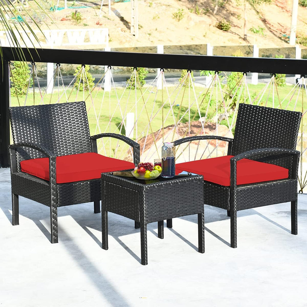 Tangkula 3 PCS Patio Conversation Set, Outdoor Rattan Sofa Set with Seat Cushions & Coffee Table, Patio Wicker Furniture Set for Garden Balcony Backyard Poolside (Red)