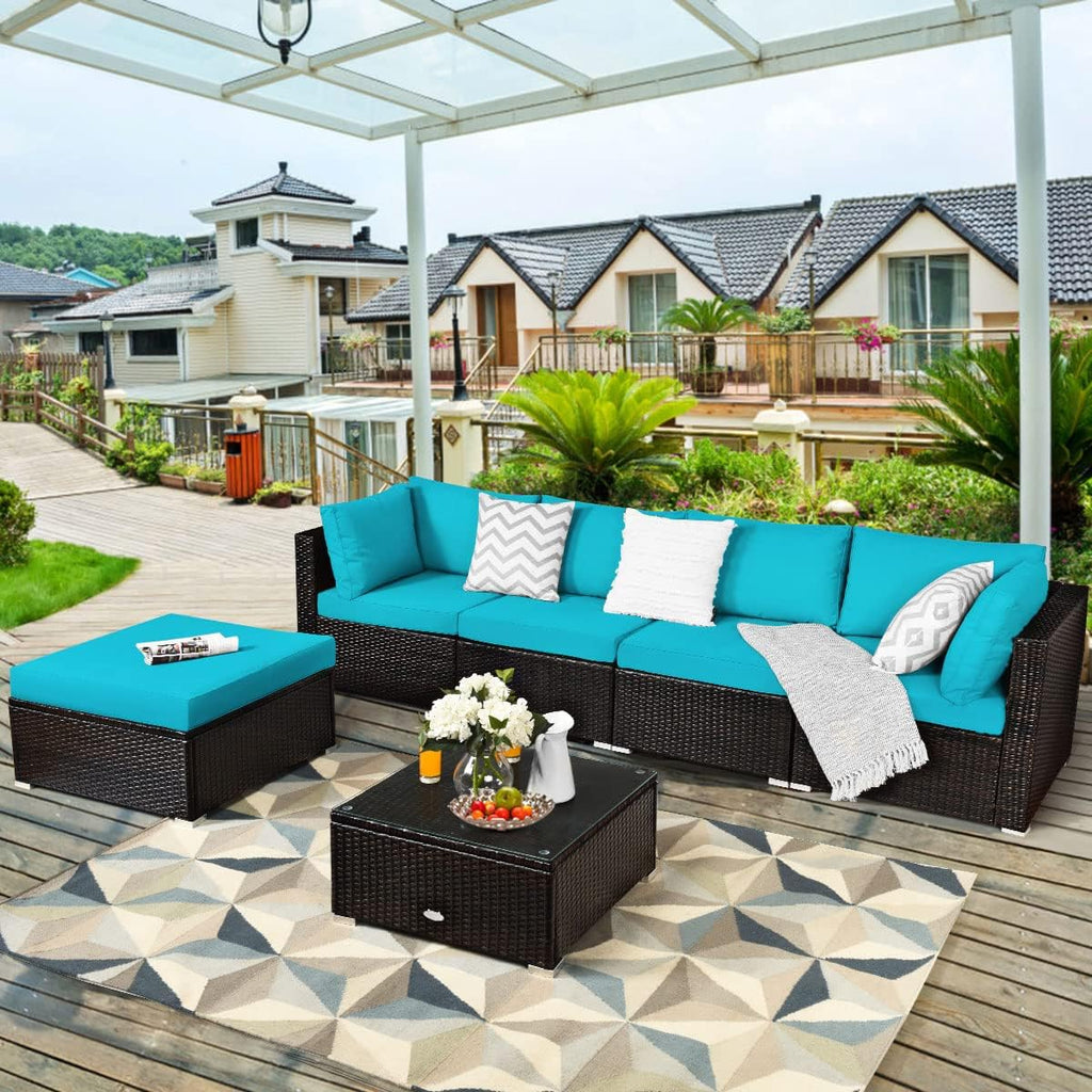 Tangkula 6 Piece Patio Furniture Set, Outdoor Deck Lawn Backyard Durable Steel Frame PE Rattan Wicker Sectional Sofa Set, Conversation Set with Coffee Table (Turquoise)