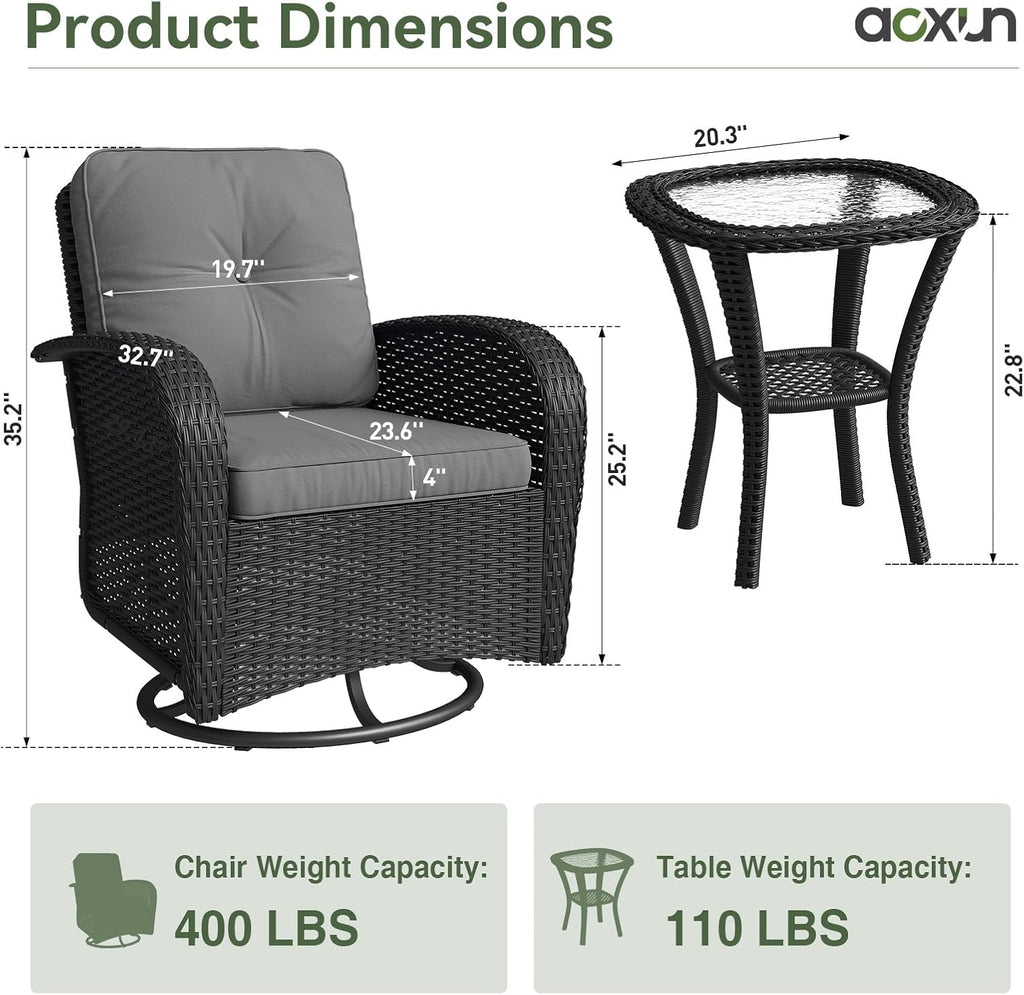 Aoxun 3 Pieces Patio Furniture Set, Patio Swivel Rocker Chairs Set of 2, Wicker Outdoor Bistro Set with Rocking Chair, Thickened Cushions and Table for Porch (Light Grey)