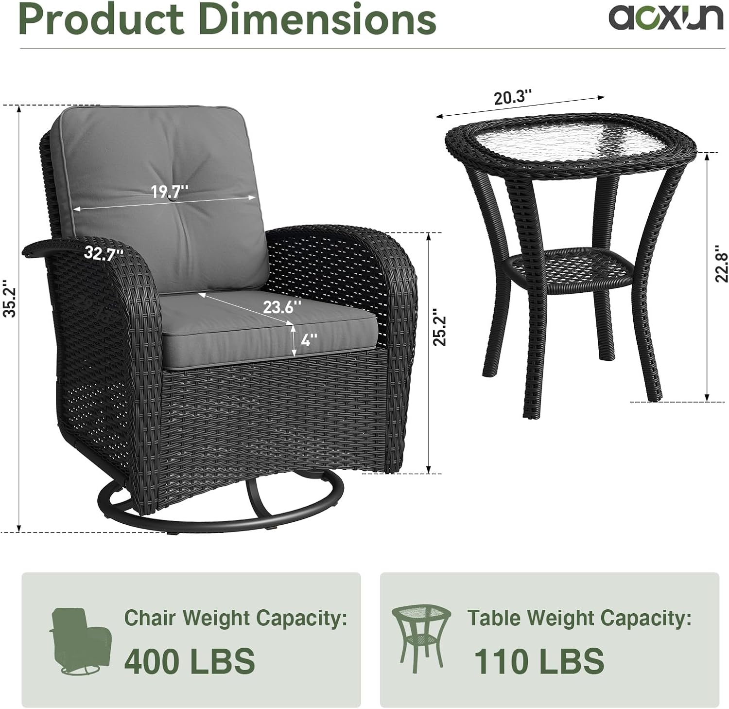 Aoxun 3 Pieces Patio Furniture Set, Patio Swivel Rocker Chairs Set of 2, Wicker Outdoor Bistro Set with Rocking Chair, Thickened Cushions and Table for Porch (Light Grey)