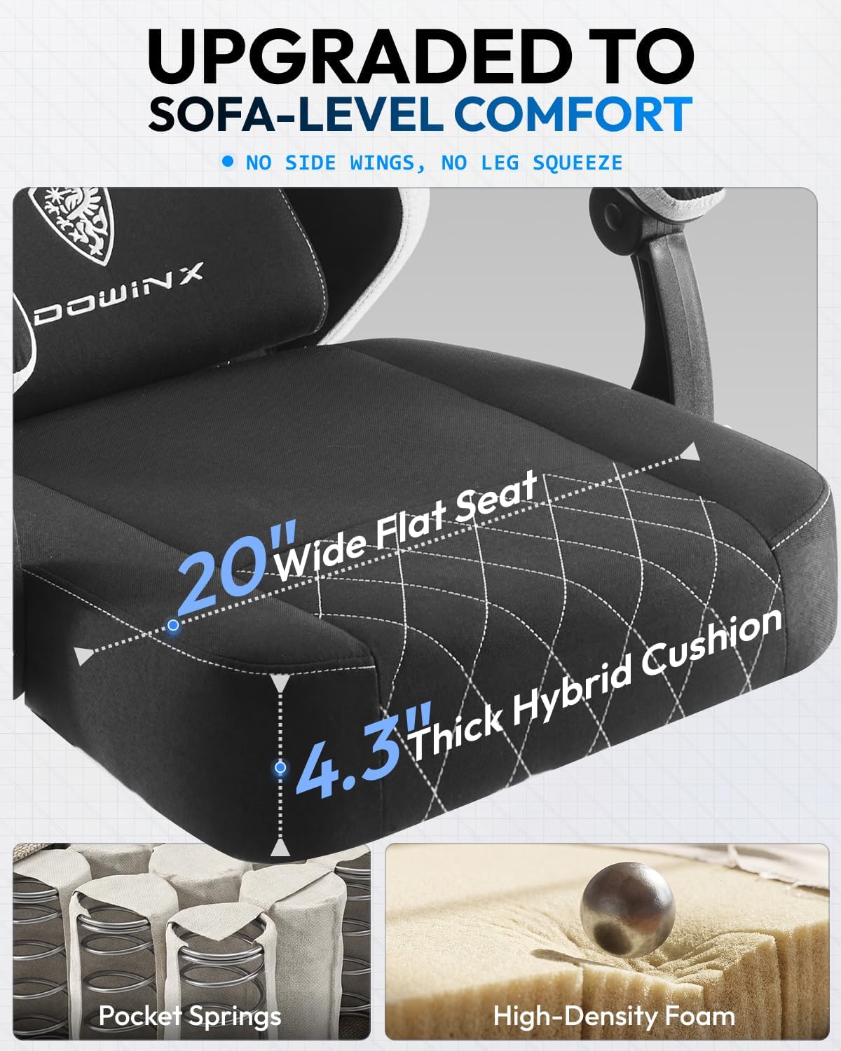 Dowinx Gaming Chair, Fabric Gaming Chairs for Adults with Pocket Spring Cushions and Lumbar Support, Ergonomic Massage Office Chair High Back with Footrest and Linkage Armrests, Black