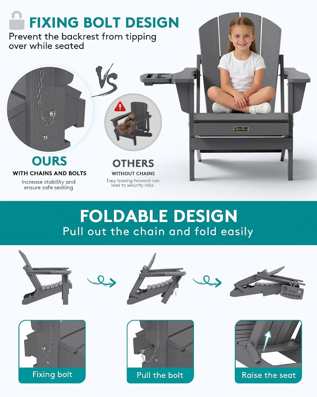SERWALL Folding Adirondack Chair Set of 2, HIPS Adirondack Chairs with 4 in 1 Multi-Functional Cup Holder, Weather Resistant Plastic Chairs for Patio Garden Outdoors Fire Pit- Gray