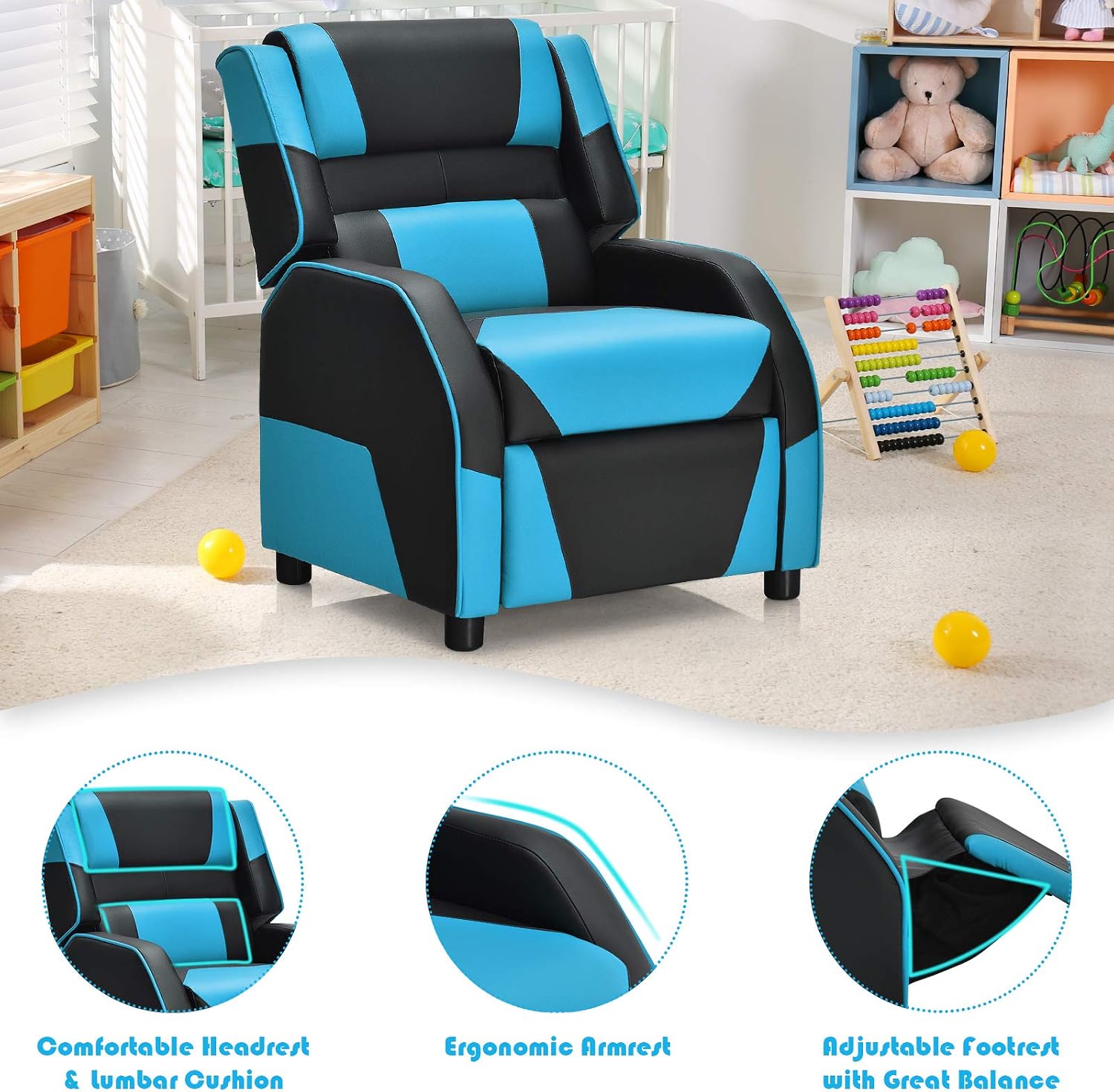 Costzon Kids Recliner, Gaming Recliner Chair w/Footrest, Headrest & Lumbar Support, Ergonomic Leather Lounge Chair for Living & Gaming Room, Adjustable Racing Style Sofa for Children Boys Girls, Blue