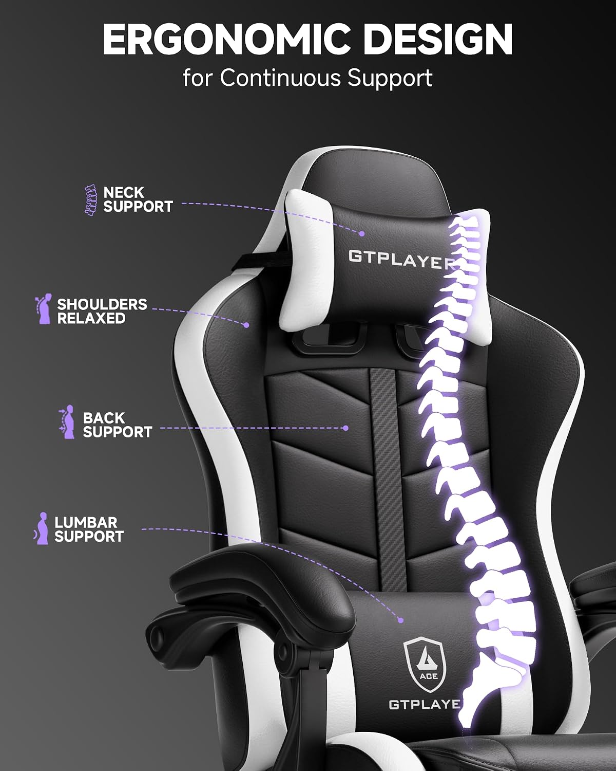 GTPLAYER Gaming Chair, Ergonomic Game Computer Chairs with Foot Rest for Adults, Adjustable PC Game Chair with Reclining Function and Comfortable Headrest for Home and Office Use (White)