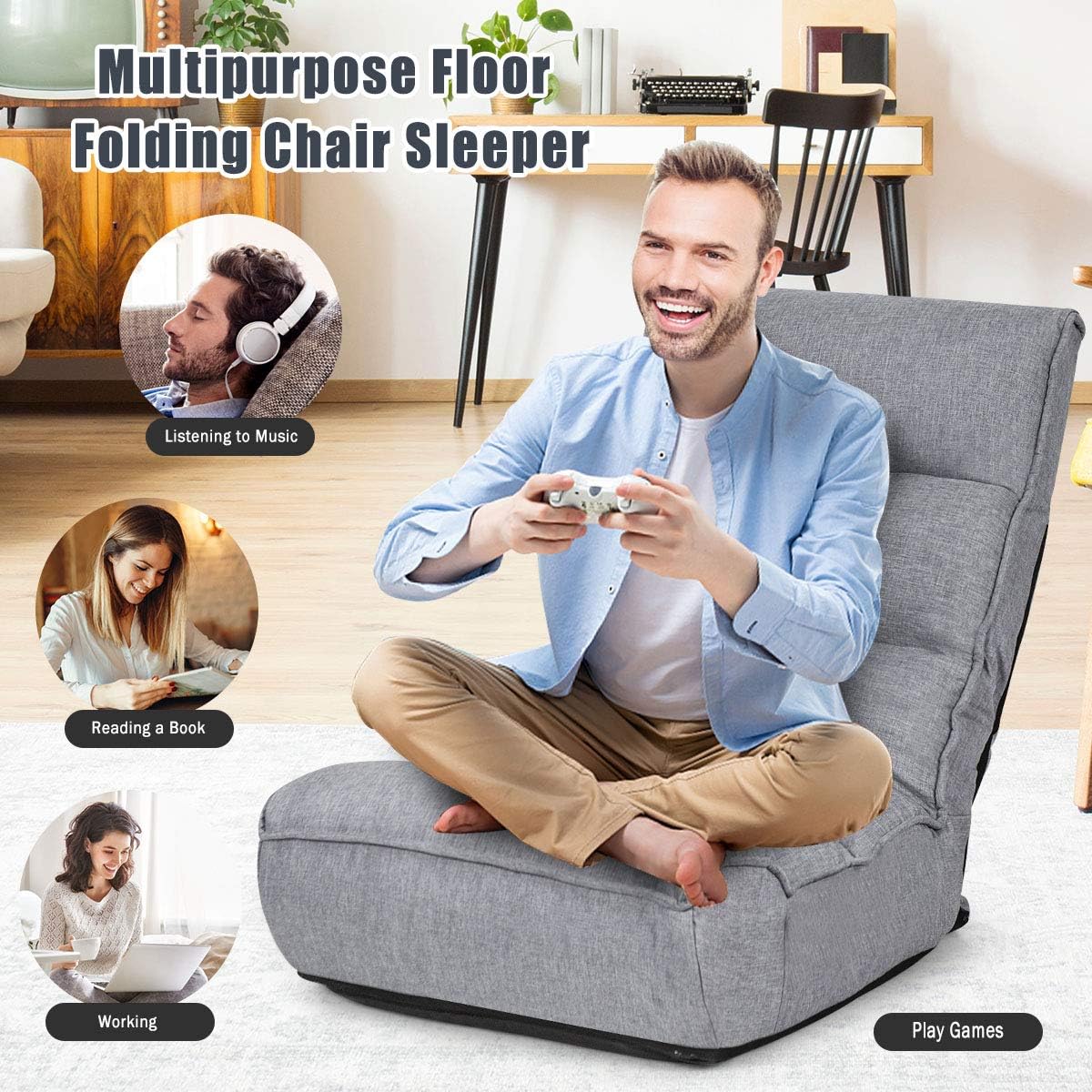 DORTALA Foldable Floor Chair for Adults, Memory Foam Floor Gaming Banana Chair w/ 5-Position Adjustable Head and Back Support for Bedroom, Living Room, Gaming Room, Grey