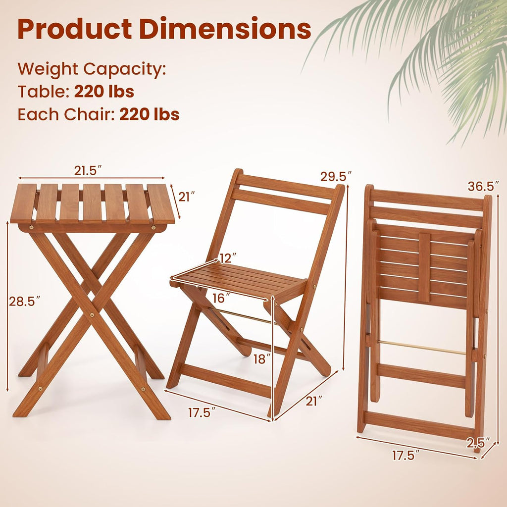 Tangkula 3 Pieces Solid Wood Patio Bistro Set with 2 Folding Chairs, Outdoor Table and Chairs Set, Balcony Furniture Set, Small Patio Set for Porch, Deck, Garden and Backyard