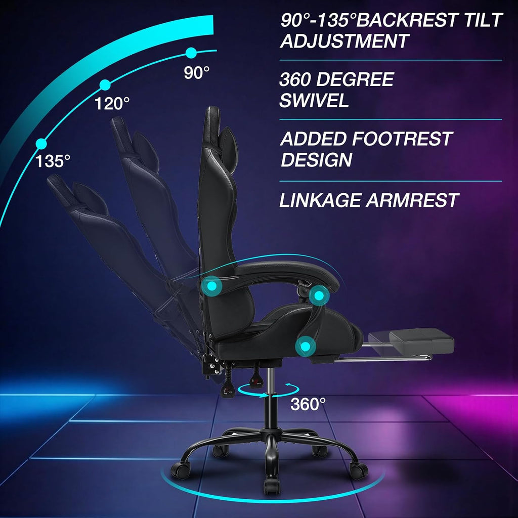 Gaming Chair Massage with LED RGB Lights and Footrest Ergonomic Computer Chair High Back Video Game Chair with Adjustable Lumbar Support Linkage Armrest Grey and Black