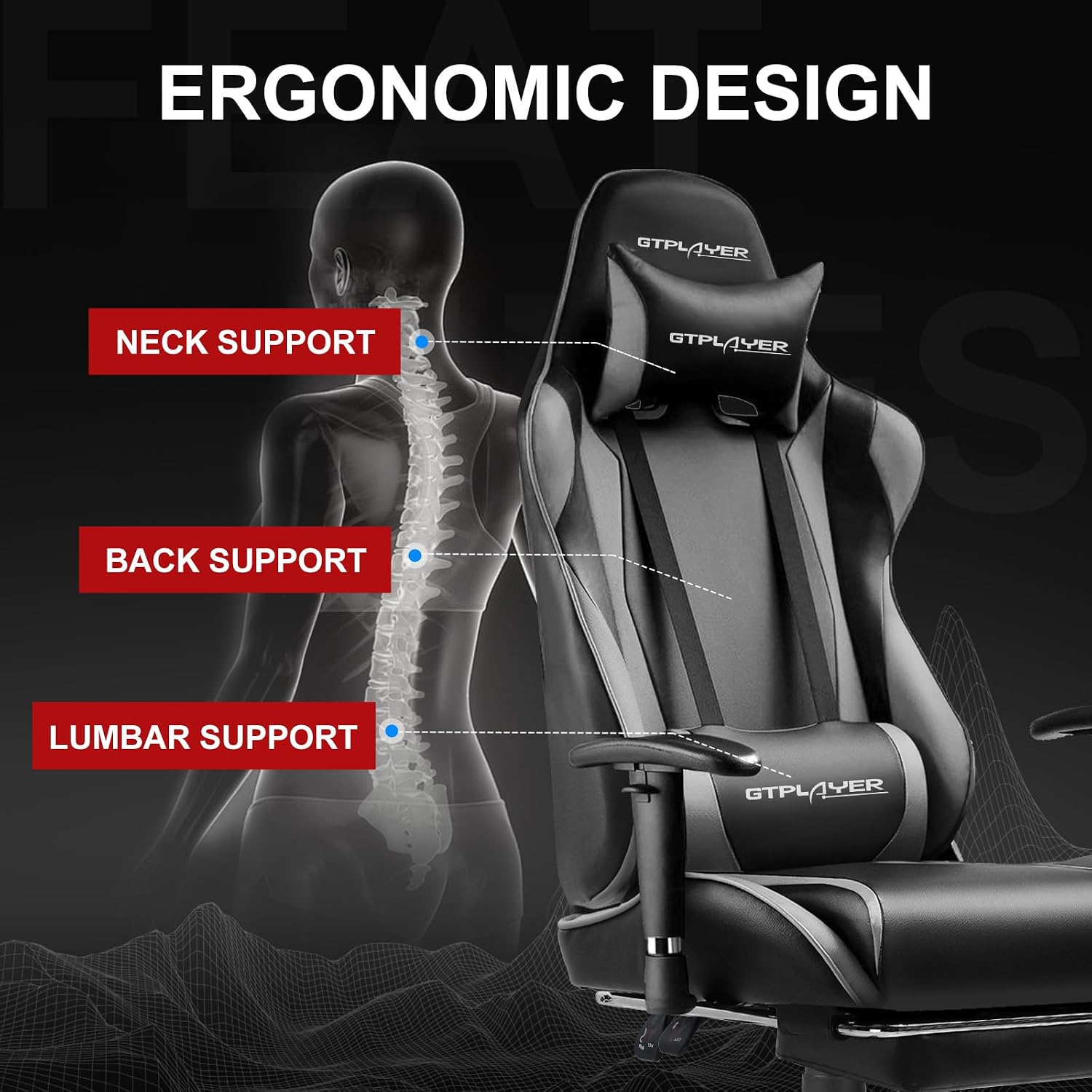 GTPLAYER Gaming Chair with Footrest, Ergonomic Computer Game Desk Chair, Recline Gaming Chair Seat Height Adjustment, Swivel Rocker with Headrest and Lumbar (Gray)