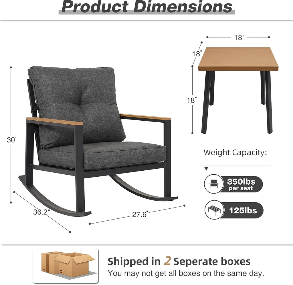 3 Pieces Rocking Bistro Set, Outdoor Patio Furniture Set with Thick Cushions and Coffee Table, Patio Conversation Sets for Garden, Balcony, Backyard, Grey