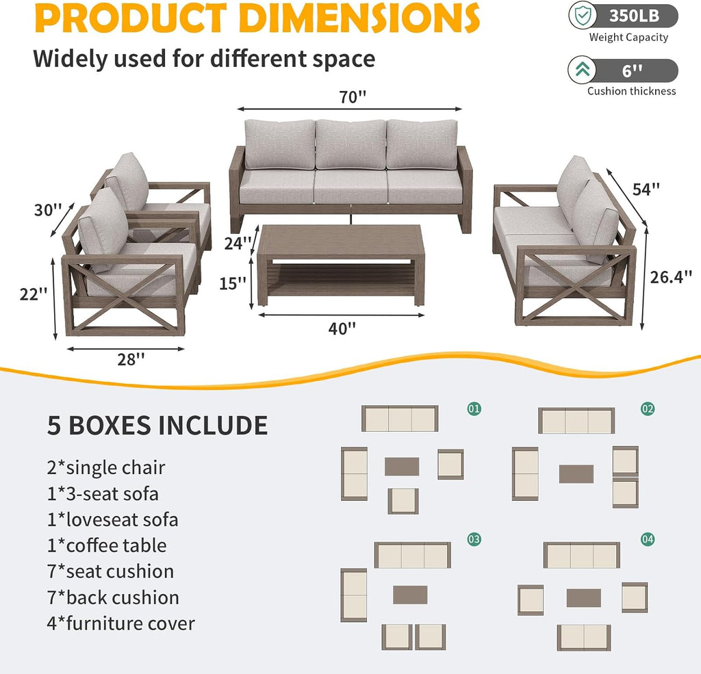 Amopatio Aluminum Patio Furniture Set, 8 Pieces Modern Metal Outdoor Furniture, Faux Wood Grain Finish Frame Patio Sofa Sets with 6' Cushion for Backyard, Beige (Included Waterproof Covers)